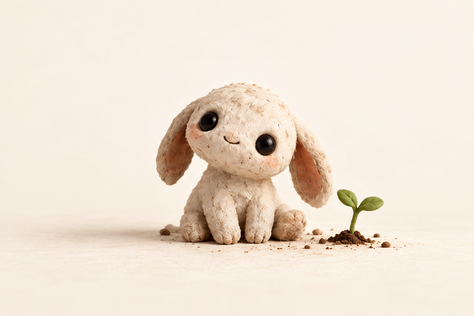 Milo, a little handmade creature with floppy ears, beside his sprout